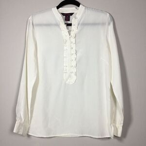 Cotton and silk creamy white blouse fabric covered buttons ruffle front size 10P